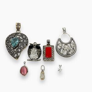 Pendants Assorted Lot of 7 Owl Rhinestones Sparkle Silver Tone Red Inset Variety